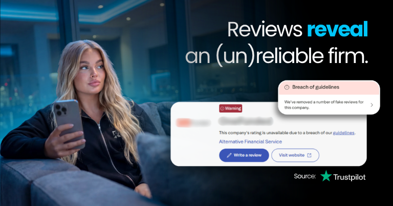 Woman sitting on a sofa holding a smartphone, with text discussing online reviews and company reliability. The graphic includes a warning about removed fake reviews and a notice that a company's rating is unavailable due to guideline violations, with Trustpilot cited as the source.