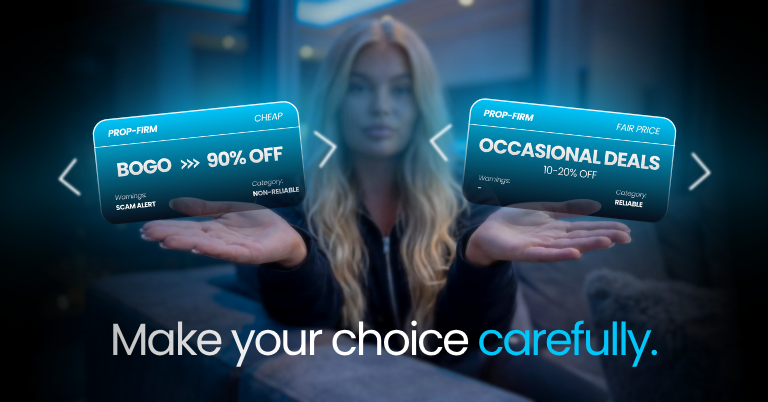 Promotional graphic showing a woman comparing two prop firm offers displayed as floating cards. One card advertises a steep discount and is labeled non-reliable, while the other shows occasional deals at a fair price and is labeled reliable. The headline reads, “Make your choice carefully.”