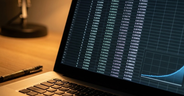 Laptop displaying forex spread data and a rising chart beside a pen on a desk.